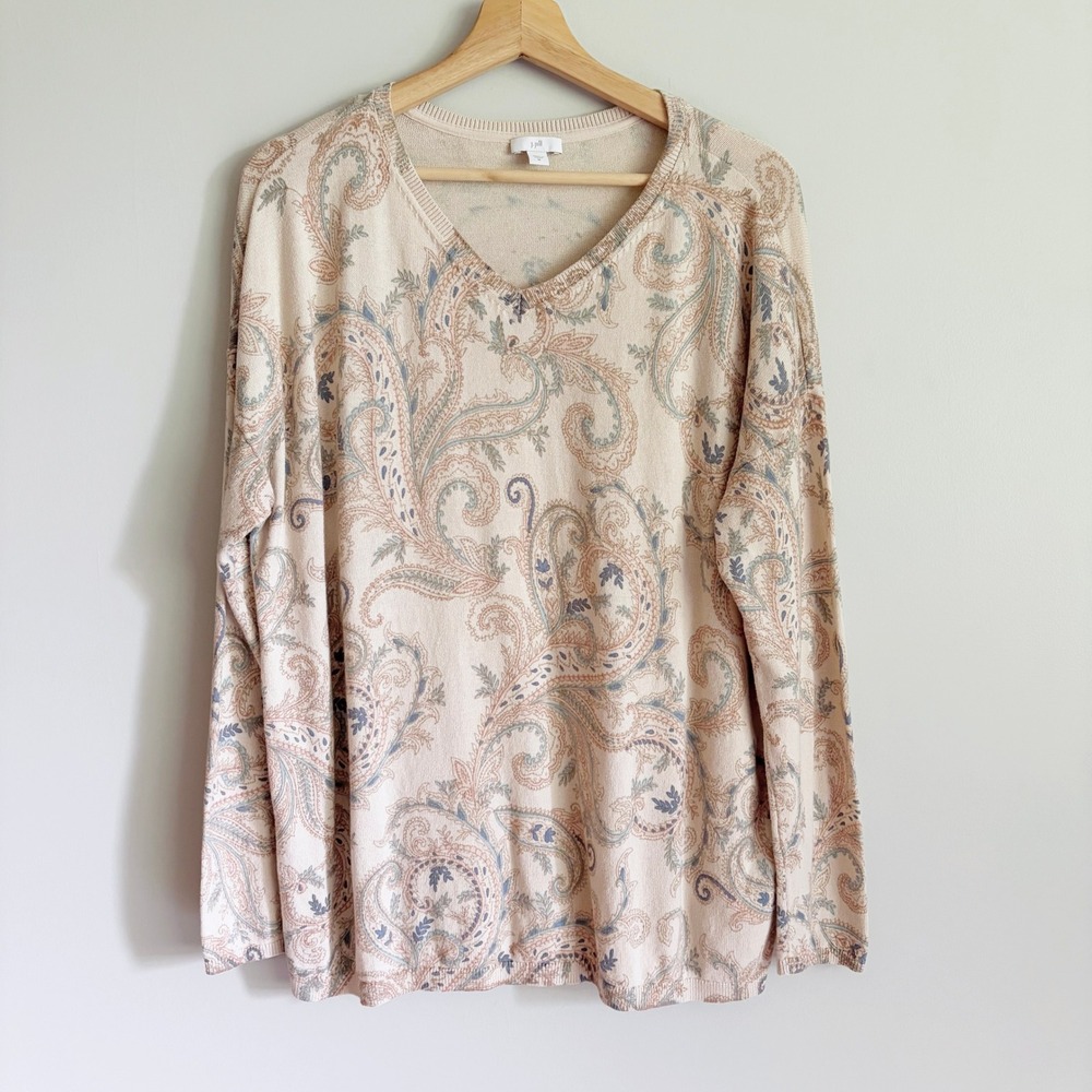 J. Jill Paisley V-Neck Knit Sweater Top Sz Medium Cotton Blend Pink Tan Neutral